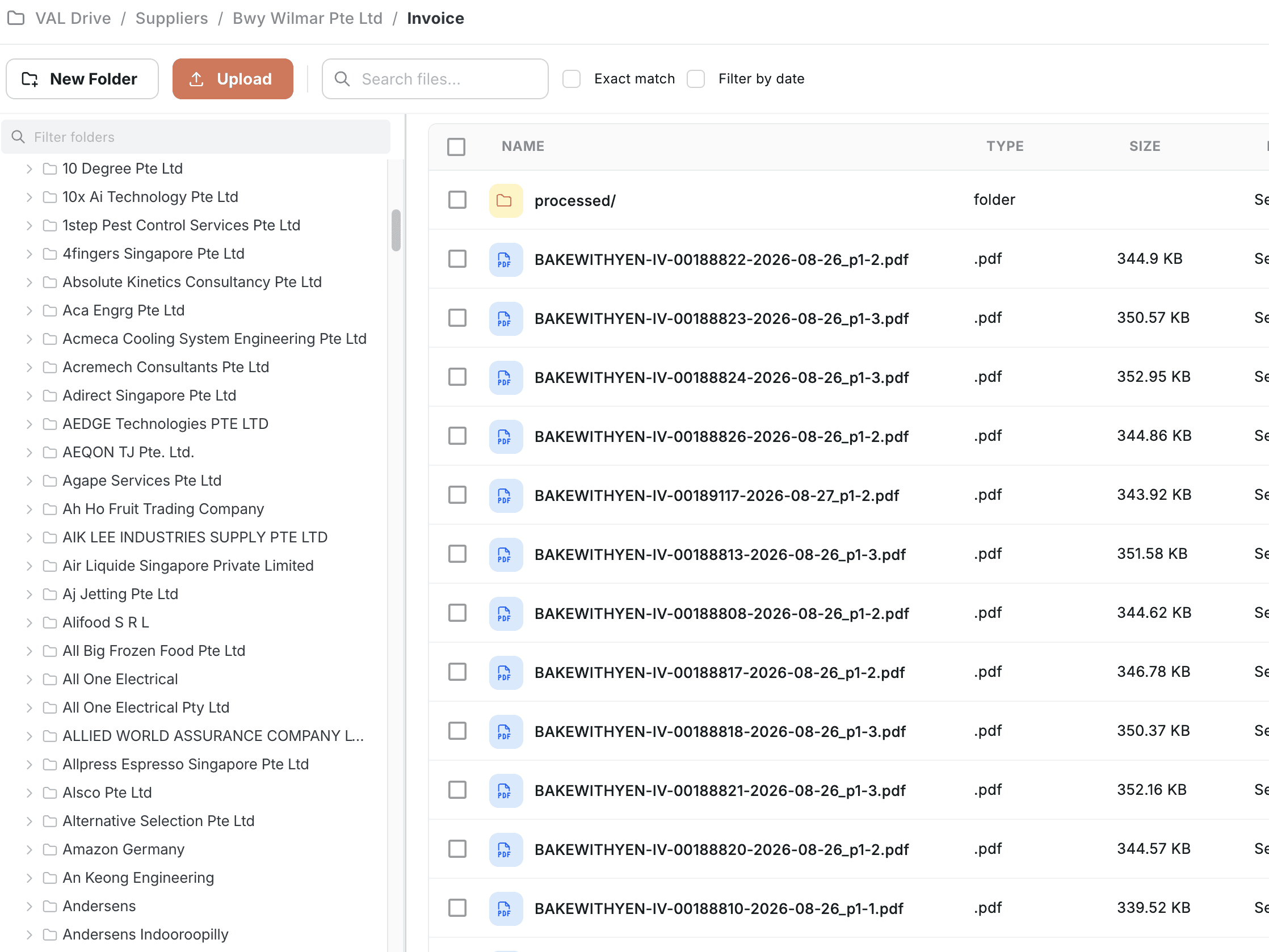 VAL Drive supplier folders, each holding that vendor's invoices